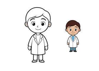 A cheerful boy dressed as a radiologist, wearing a lab coat and holding an X-ray film. Background includes a medical scanner and tools for a fun, educational coloring page!
