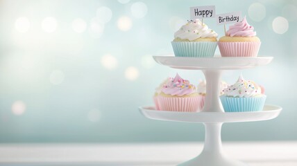 A cheerful display of pastel cupcakes on a tiered stand, featuring "Happy Birthday" toppers against a soft, blurred background.