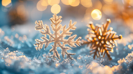  two intricately detailed snowflake decorations resting on a snowy surface, with a dreamy bokeh background The scene is illuminated by warm, golden light that contrasts beautifully with the icy blue 