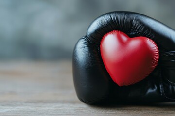 Fototapeta premium Red heart shaped object in black boxing glove on wooden surface