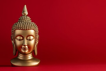 Fototapeta premium Golden buddha statue against red background: peaceful meditation symbol