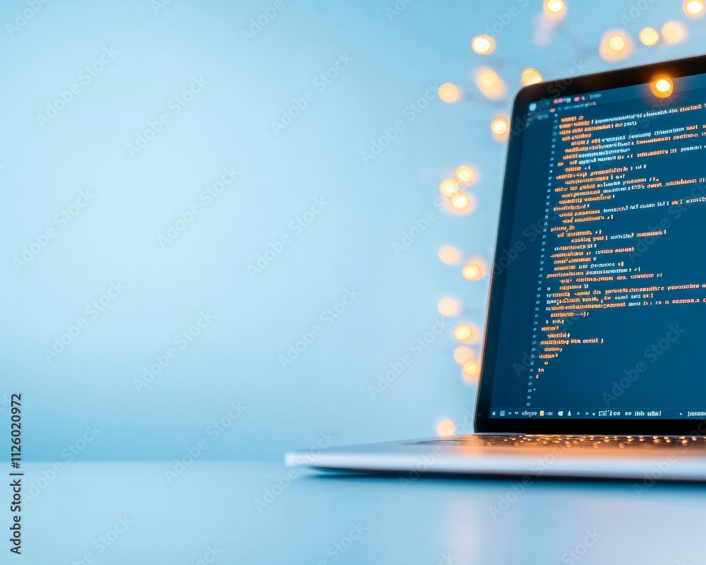 Poster modern digital skills laptop with code on screen against festive lights