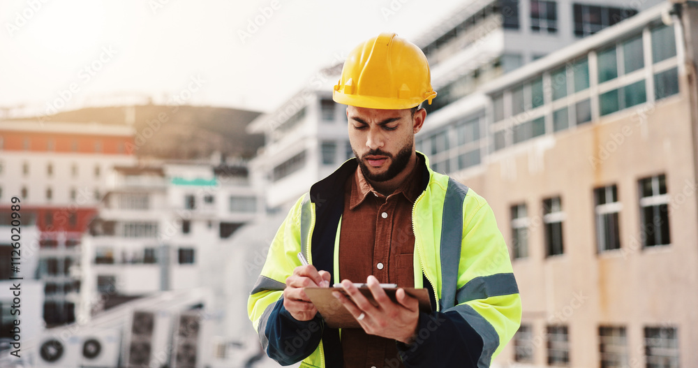 Poster writing, engineer and clipboard with man in city for architecture, building or inspection. construct