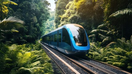 Naklejka premium A hydrogen-powered train gliding through a forested area, showcasing clean energy solutions for global transport