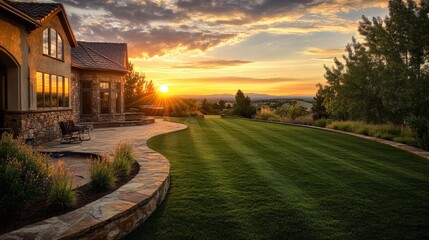 Obraz premium beautiful sunset over a landscaped garden with modern home