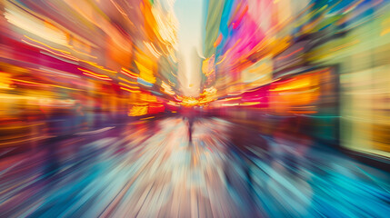  a vibrant and dynamic scene, likely of a bustling urban environment The view features motion blur, with streaks of colorful lights radiating outward from a central vanishing point