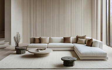 Fototapeta premium Minimalist living room interior with white sofa, beige curtains, and neutral decor.