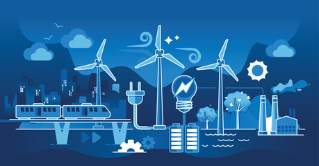 Clean energy concept with wind turbines, solar panels, and electric trains. Dark theme outline style illustration. © VectorMine