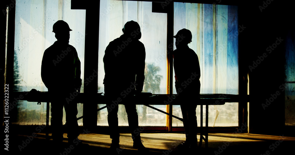 Aufkleber silhouette, teamwork and architect with blueprint on site for building inspection, property developm