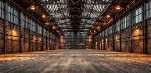 Empty industrial warehouse interior with wooden floor and metal structure. (1)