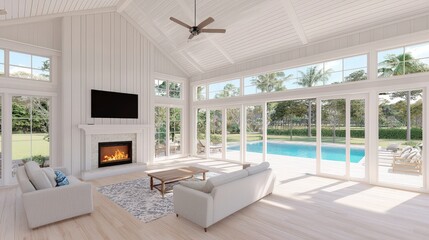 Fototapeta premium Luxurious Modern Living Room Design with Pool View