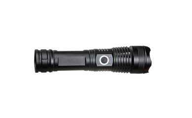 Modern metal LED flashlight in black color. Portable flashlight isolate on a white background