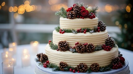 Three-tiered wedding cake decorated with pine cones, berries, and red roses.