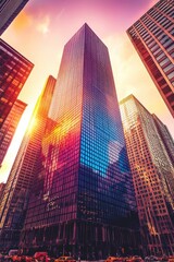 Fototapeta premium Vibrant Cityscape: Towering Skyscrapers at Sunset
