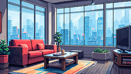 A modern 8-bit pixel living room with a pixelated sofa, coffee table, widescreen TV