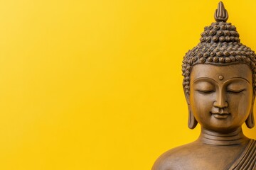 Buddha statue on vibrant yellow background with peaceful expression