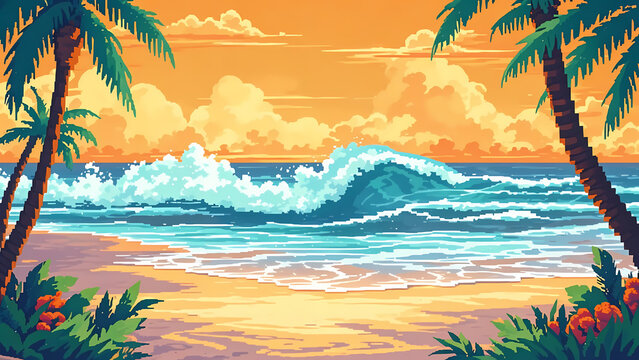 A pixel 8-bit coastal scene with pixelated waves crashing onto the beach