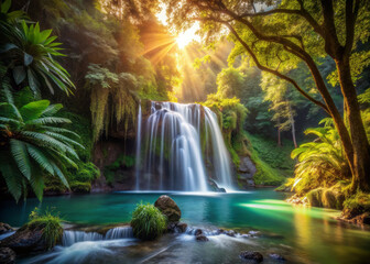 Obraz premium majestic waterfall cascades into crystal clear turquoise pool surrounded by lush greenery, with sunlight streaming through trees, creating serene and enchanting atmosphere