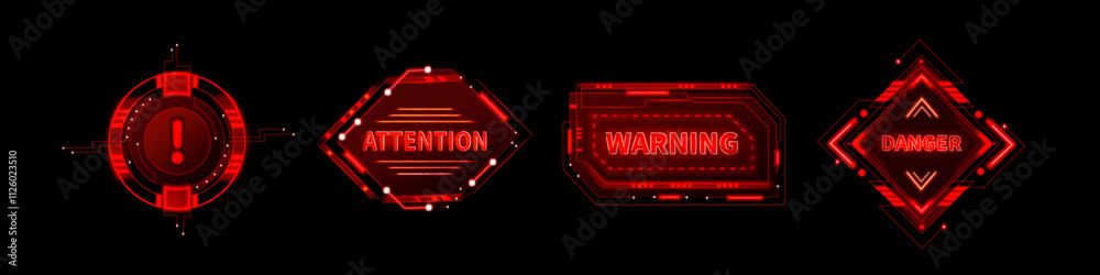 Fototapete red hud danger alert. cyber ui error frame sign. tech caution hologram for interface. futuristic sci