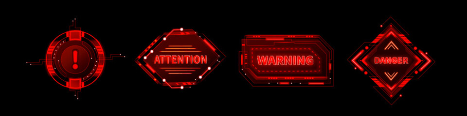 Red hud danger alert. Cyber ui error frame sign. Tech caution hologram for interface. Futuristic scifi warning message graphic element. Military dashboard panel with emergency label and attention © klyaksun