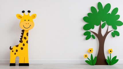 Fototapeta premium A living room decorated with a giraffe reaching for leaves on a tree. High Quality