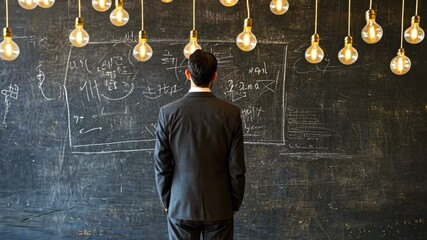 Business professional analyzes complex data on a chalkboard surrounded by hanging lights in a modern office - Powered by Adobe
