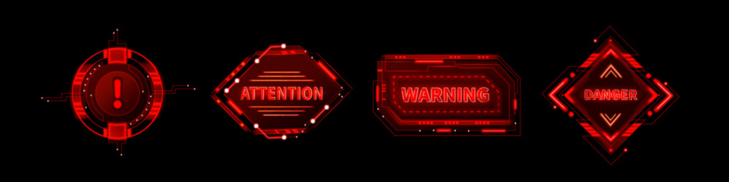 Red hud danger alert. Cyber ui error frame sign. Tech caution hologram for interface. Futuristic scifi warning message graphic element. Military dashboard panel with emergency label and attention
