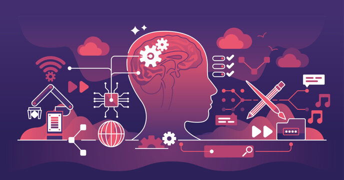 Brain-Computer Interfaces concept with neural connections, gears, and digital icons. Dark theme outline style illustration.