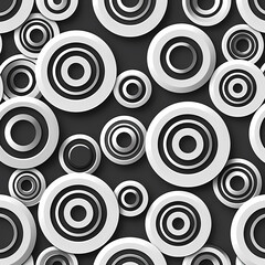 Abstract black and white pattern featuring various concentric circles of different sizes, creating a modern and dynamic design.