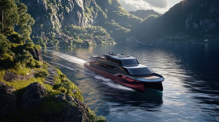 An electric-powered high-speed ferry sailing through a scenic coastal area, promoting sustainable travel and tourism