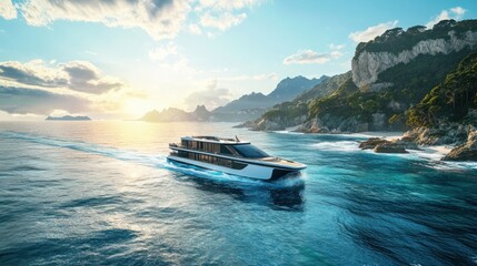 An electric-powered high-speed ferry sailing through a scenic coastal area, promoting sustainable travel and tourism