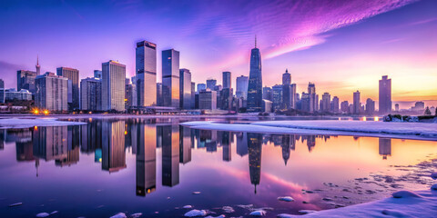 Fototapeta premium vibrant cityscape at dawn with skyscrapers reflecting on calm, icy river, surrounded by snow and colorful sky. serene atmosphere enhances urban beauty
