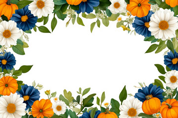 Fototapeta premium A border of pumpkins and daisies on a white background