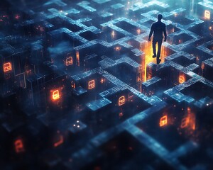 The hacker theme, Futuristic Hacker Navigating a Complex Three-Dimensional Maze with Illuminated Pathways and Digital Elements in a Surreal Environment