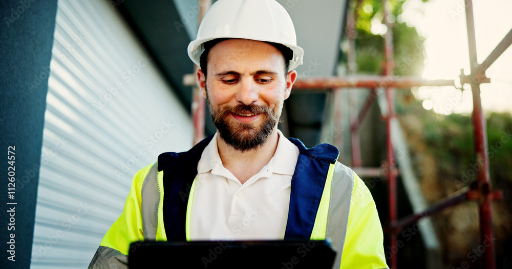 Leinwandbilder construction site, typing and man with tablet, engineering and project for building renovation. pers