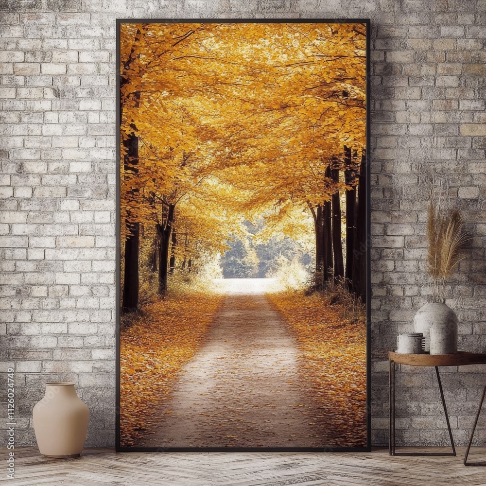 Poster beautiful forest with a footpath in autumn, with yellow tree branches hanging over the scene. super-
