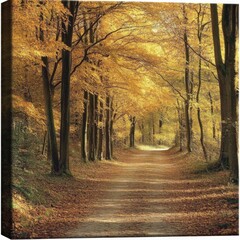 Fototapeta premium Beautiful forest with a footpath in autumn, with yellow tree branches hanging over the scene. Super-wide panoramic landscape.