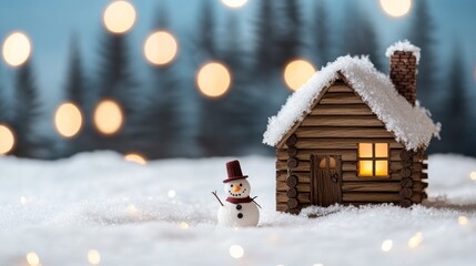 Naklejka premium Cozy snow-covered cabin with glowing window light