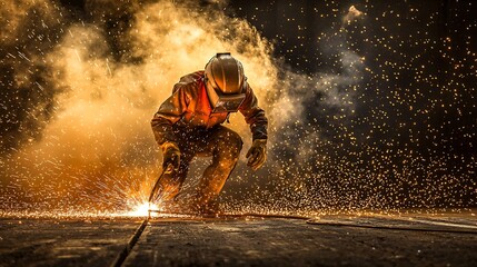 Fototapeta premium Hardworking Welder Crafting Metal in Dimly Lit Industrial Workshop