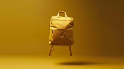  a sleek and minimalist yellow backpack set against a gradient yellow background The backpack is centrally positioned, with its straps extending slightly outward, creating a balanced and symmetry