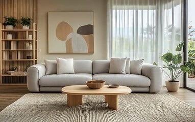 Fototapeta premium Modern living room with grey sofa, wooden furniture, abstract art, and sheer curtains.