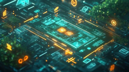 A digital representation of a carbon-neutral world with glowing renewable energy icons and a net zero carbon footprint