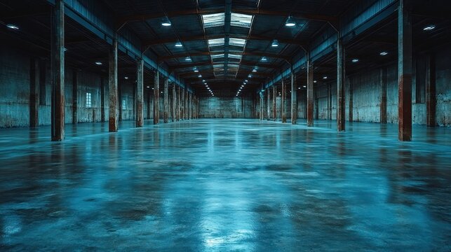Vast empty industrial warehouse interior with polished concrete floor.