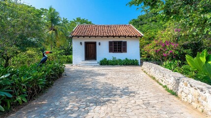 A rustic farmhouse surrounded by a toucan perched on a branch. High Quality
