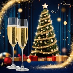 Elegant Champagne Toast with Christmas Tree Backdrop, Golden Holiday Celebration with Sparkling Champagne, Festive Scene with Champagne Glasses and Holiday Lights