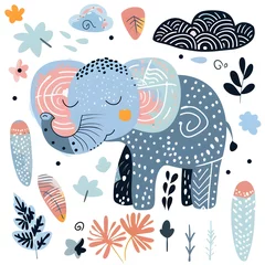 A blue elephant with a pink nose and pink ears is sleeping