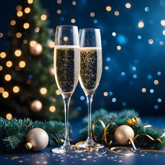 Champagne Glasses with Festive Christmas Lights, Holiday Toast with Sparkling Champagne and Ornaments, Elegant Christmas Scene with Bokeh and Decorations
