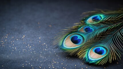 Vibrant peacock feathers on dark background with gold glitter. © AGUNG