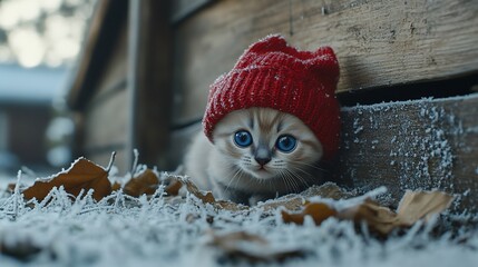 Adorable kitten in red hat, winter scene.