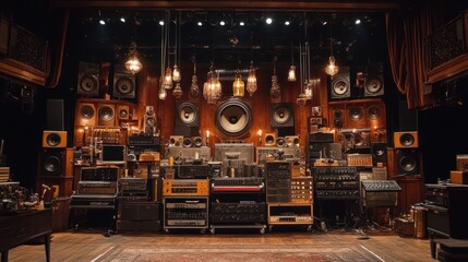 Vintage audio equipment fills a stage.